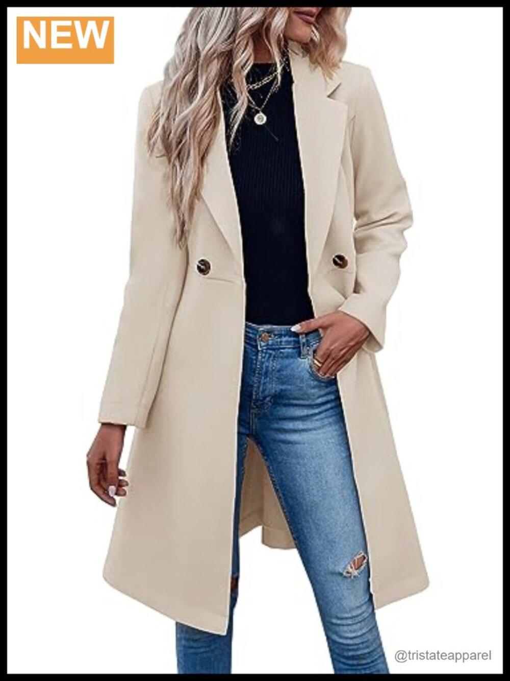 Womens Pea Coat Double Breasted Polyester Trench Overcoat Knee Length